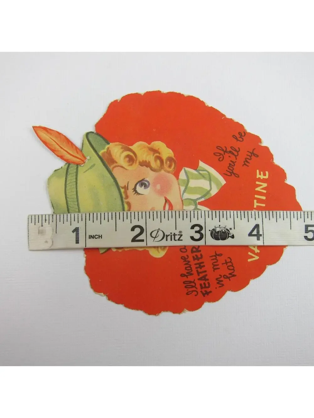Vintage Valentine Die cut Blonde Girl Green Peter Pan Hat Feather Red Heart